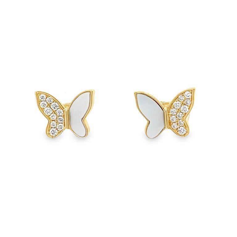 Add a touch of ethereal grace and freedom to your jewelry collection with our Butterfly Flutter Stud Earrings. Made of 14K yellow gold, these delicate and whimsical studs feature round white diamonds totaling 0.16 carats and a gorgeous