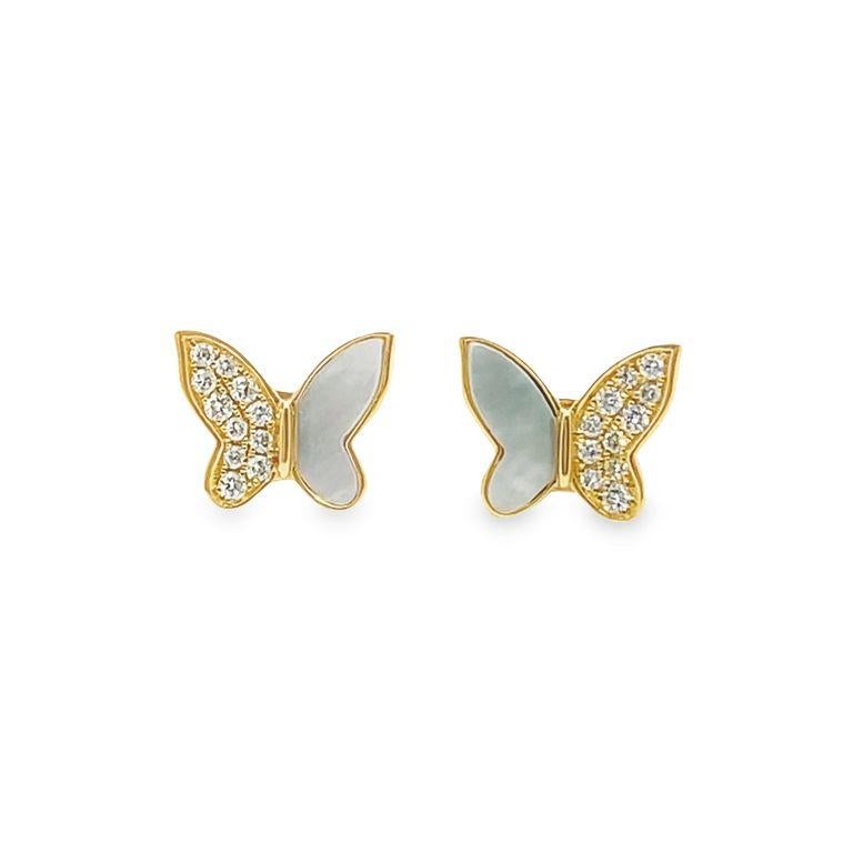 Butterfly Diamond & Mob Pearl Earring .16CT 14K yellow gold In New Condition For Sale In New York, NY
