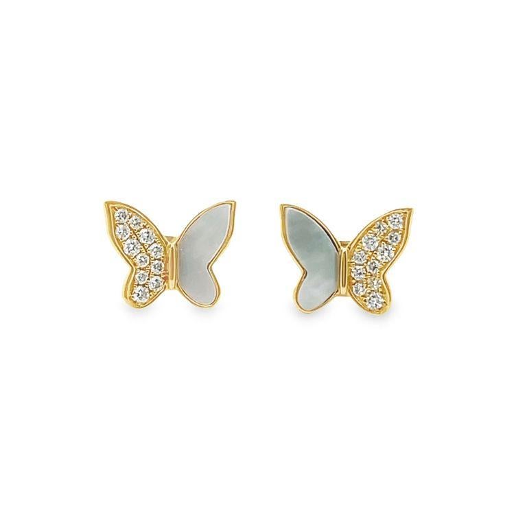 Women's Butterfly Diamond & Mob Pearl Earring .16CT 14K yellow gold For Sale