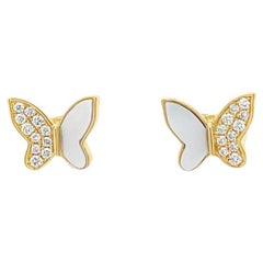 Boucle d'oreille papillon diamant et perle Mob .16CT 14K or jaune