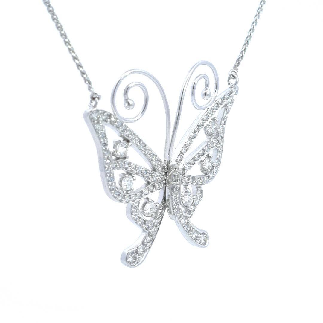 Round Cut Butterfly Diamond Necklace 18k White Gold For Sale