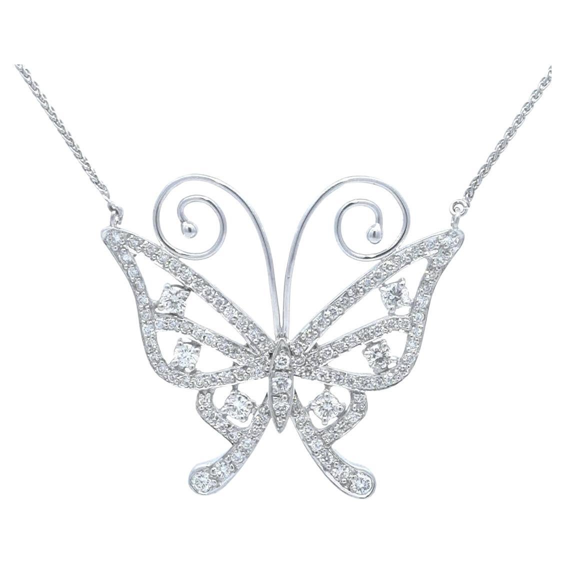 Butterfly Diamond Necklace 18k White Gold For Sale
