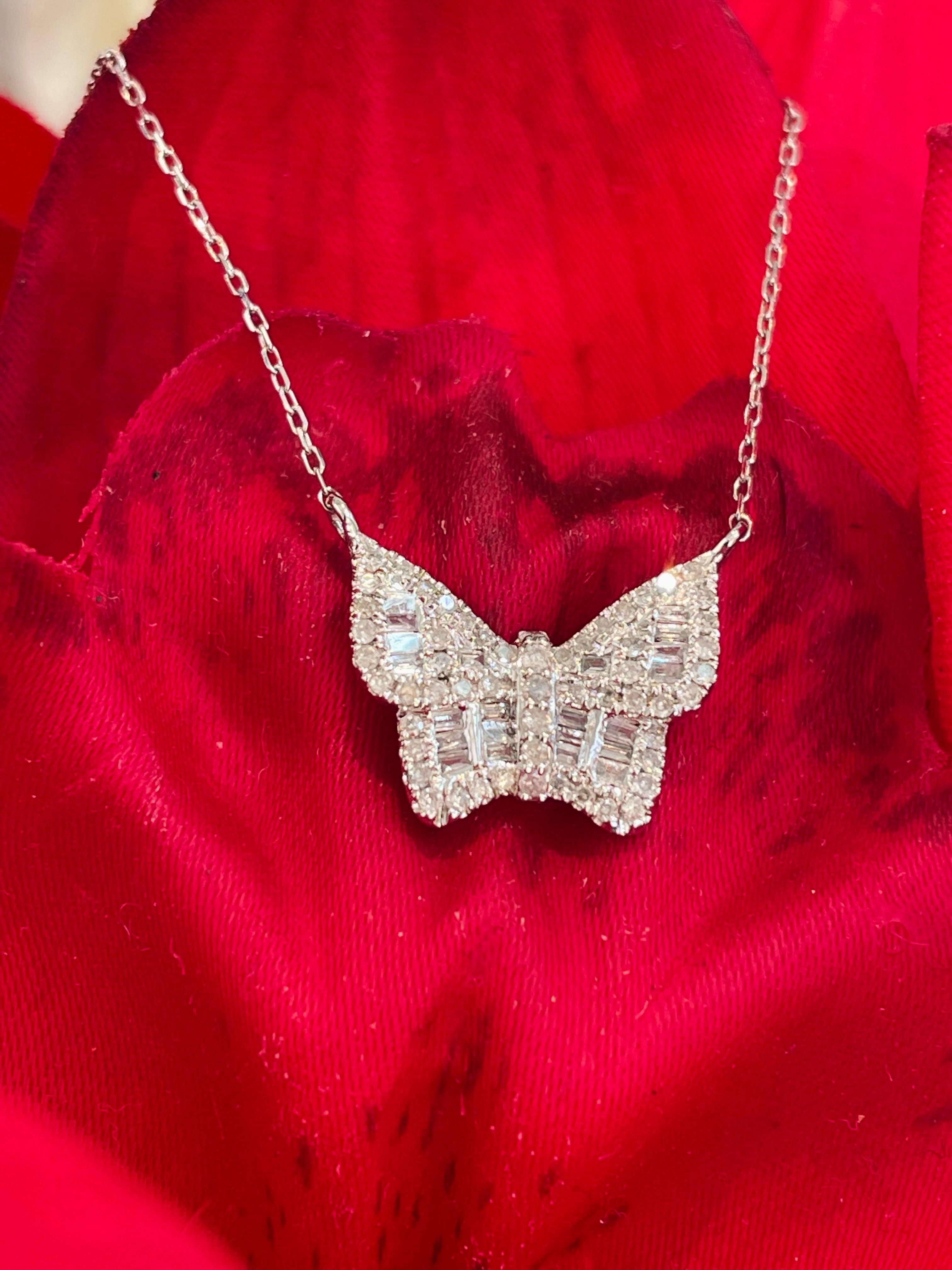 Baguette Cut Butterfly Diamond Necklace in 14k White Gold For Sale