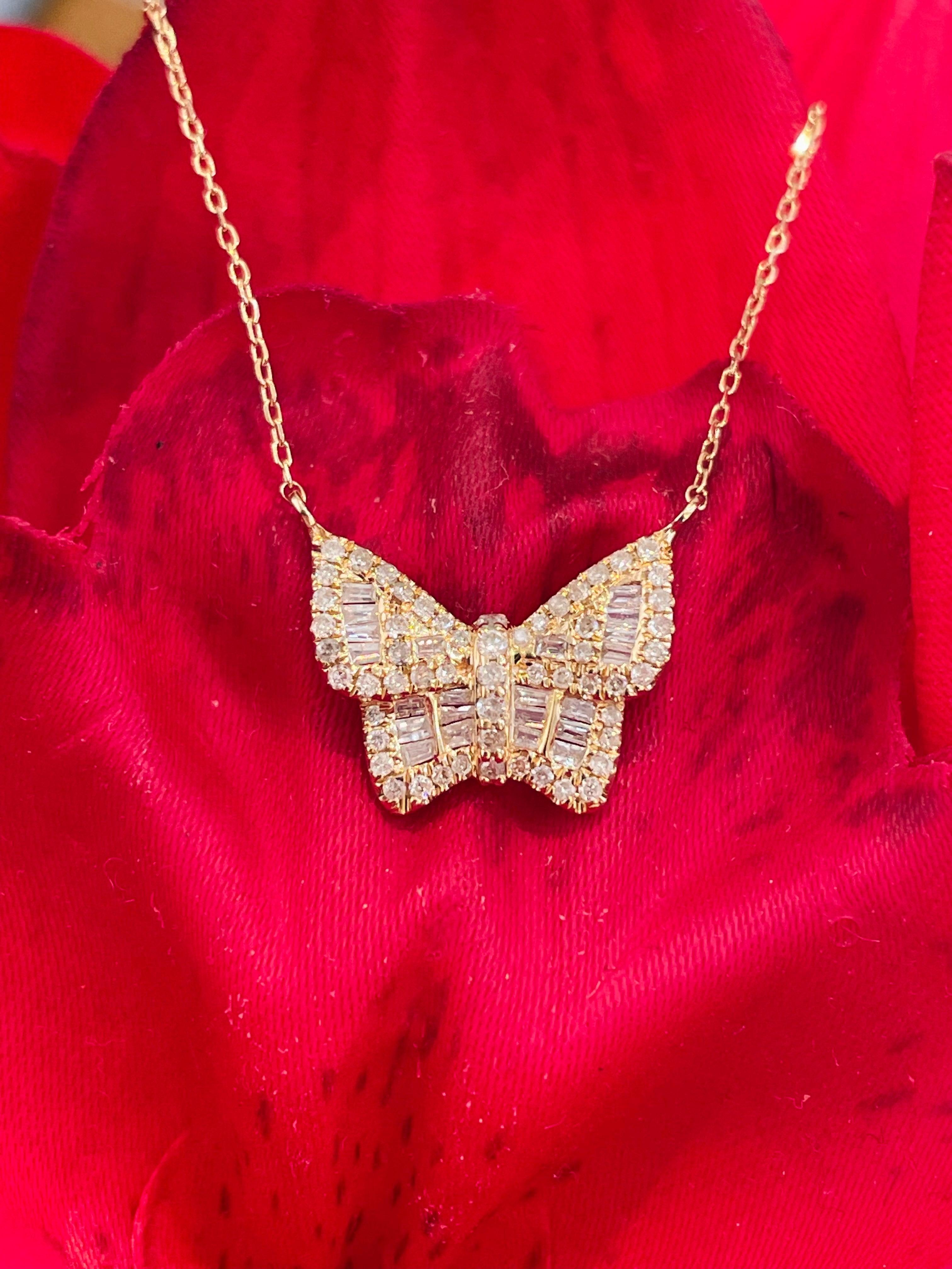Mixed Cut Butterfly Diamond Necklace in 14k Yellow Gold For Sale