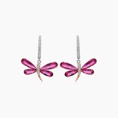 Butterfly Diamond Pave Pink Tourmaline 18K Rose & White Gold Animal Earrings
