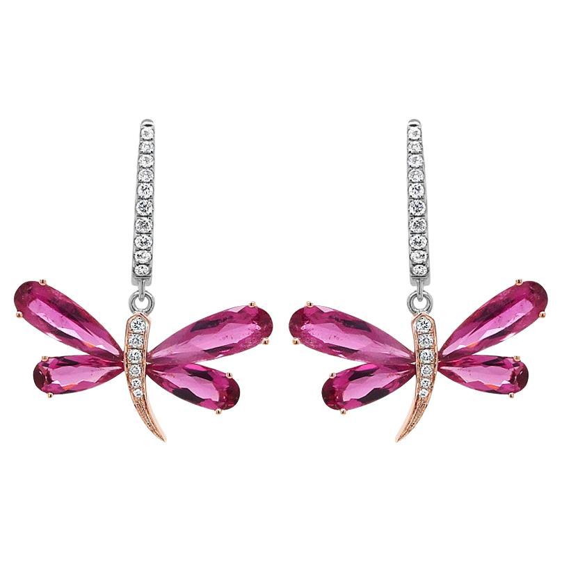Butterfly Diamond Pave Pink Tourmaline 18K Rose & White Gold Animal Earrings For Sale