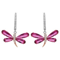 Butterfly Diamond Pave Pink Tourmaline 18K Rose & White Gold Animal Earrings
