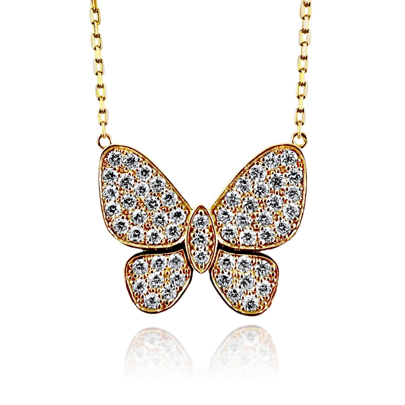 Delicate yet full of brilliance, this charming butterfly pendant necklace is crafted in 14K yellow gold and adorned with 1.51 carats of natural round brilliant diamonds. Set in a whimsical butterfly silhouette, the diamonds are G/H color and SI