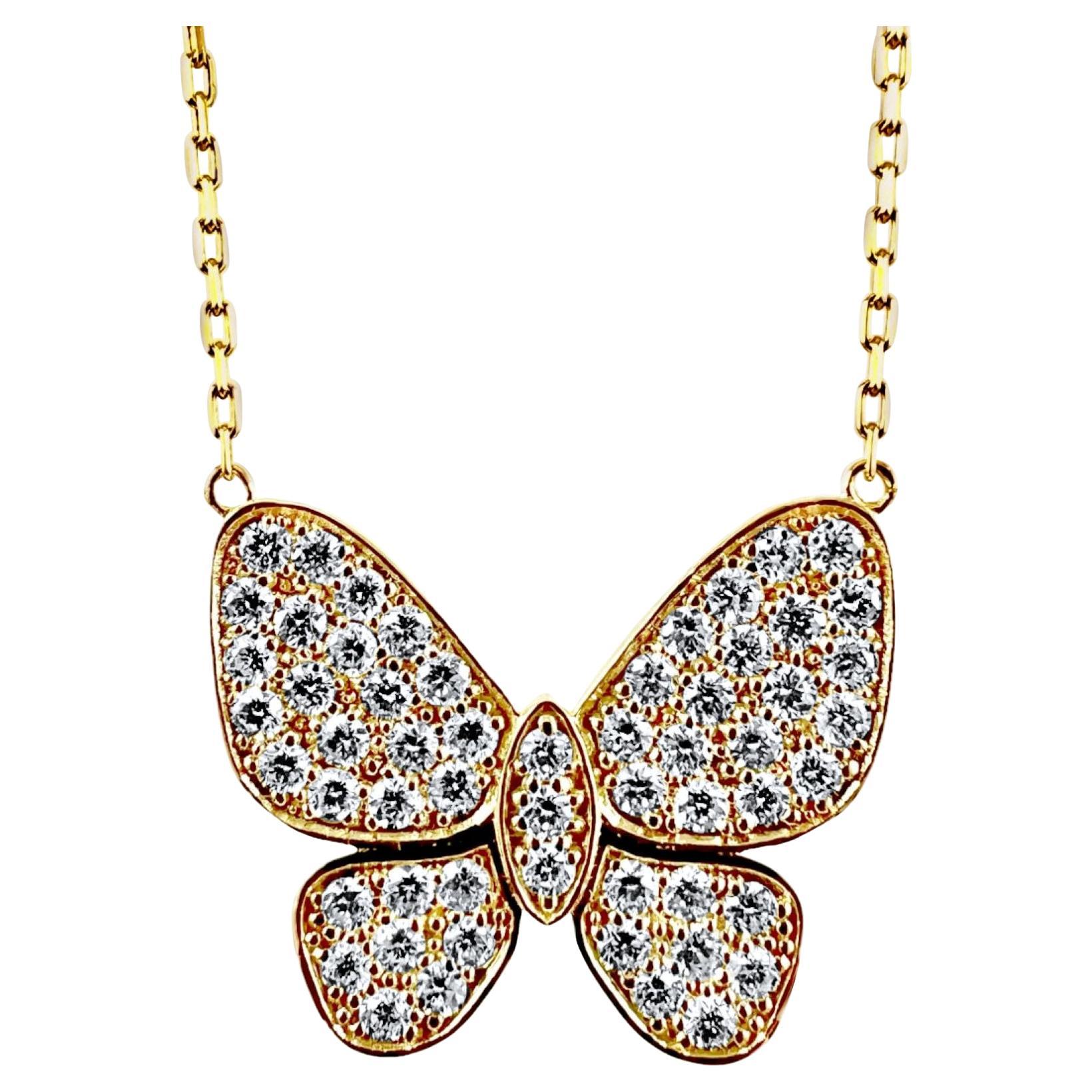 Butterfly Diamond Pendant Necklace in 14K Yellow Gold, 1.51 Carats For Sale