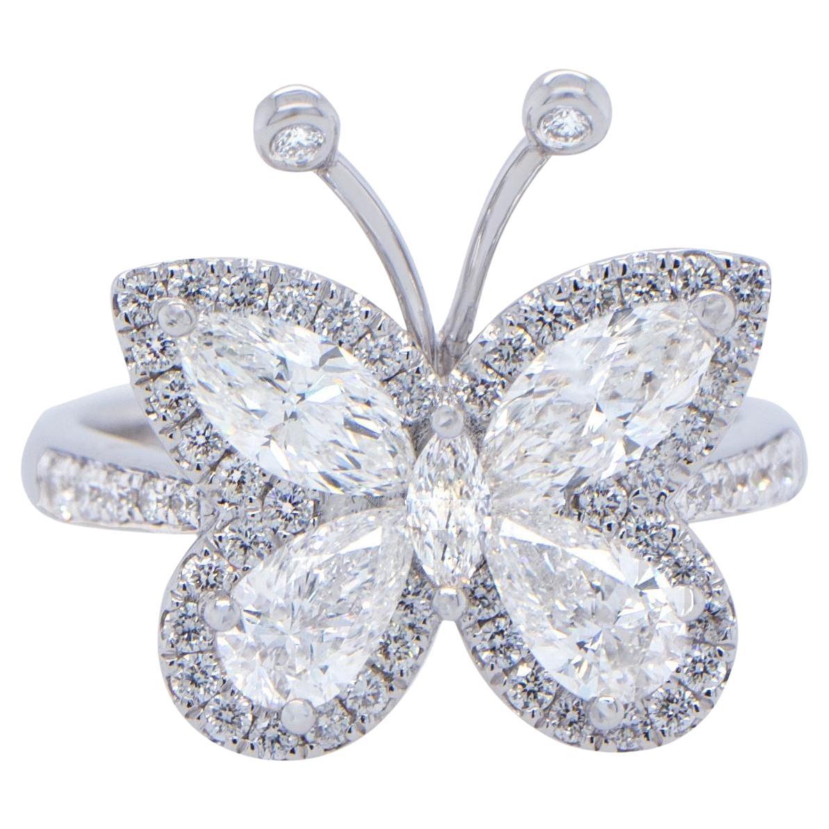 Butterfly Diamond Ring 1.70 Carats 18K White Gold For Sale