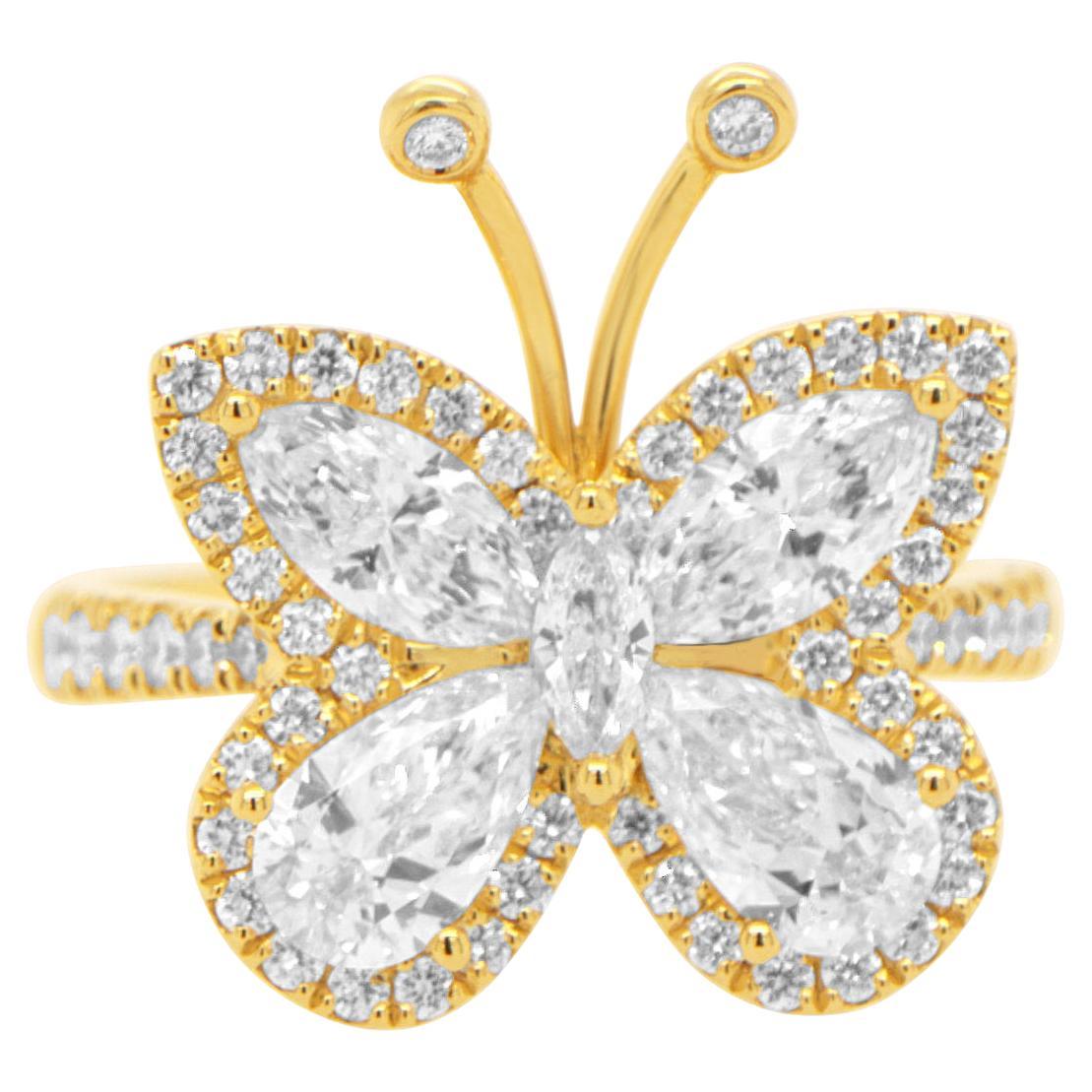 Butterfly Diamond Ring 2.01 Carats 18K Yellow Gold For Sale at 1stDibs