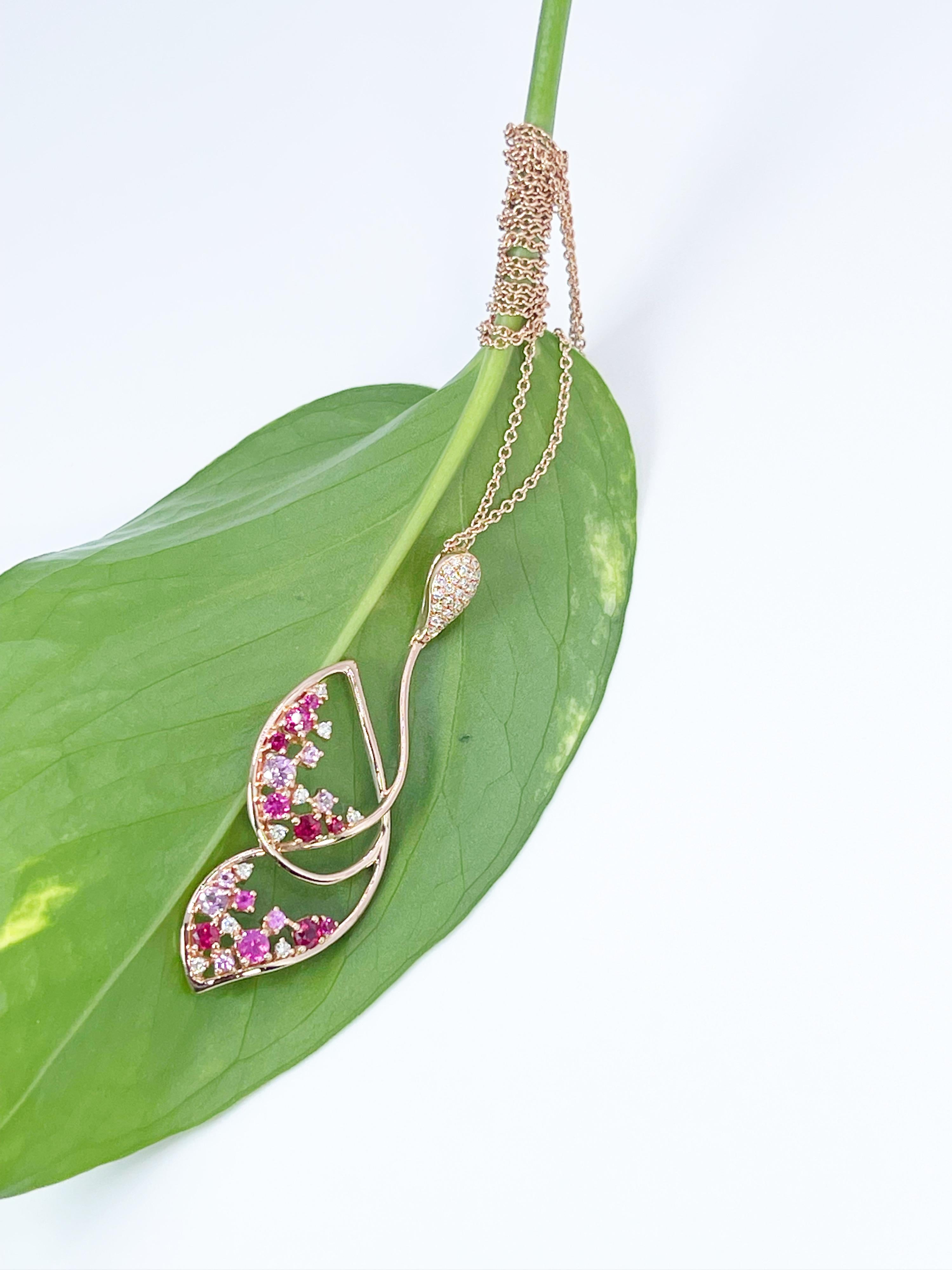 Modern Butterfly Diamond Ruby Pendant Necklace 14kt Rose Gold 