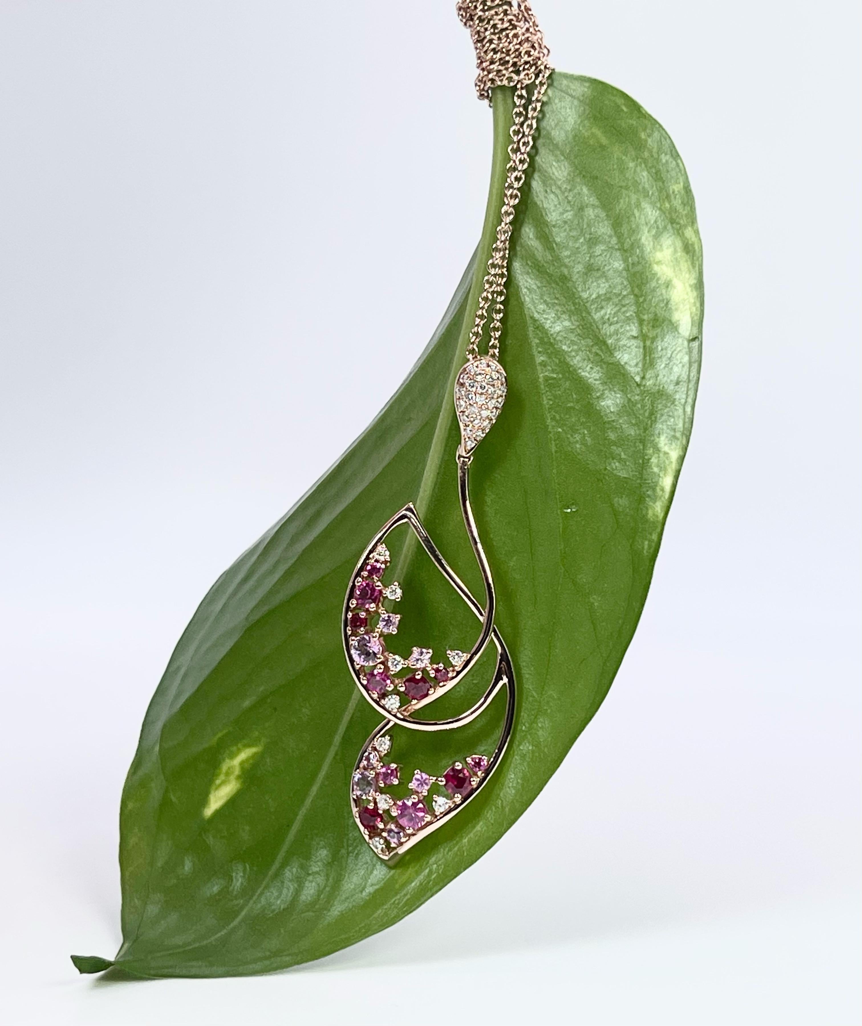 Modern Butterfly Diamond Ruby Pendant Necklace 14kt Rose Gold For Sale