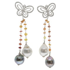 Contemporary 18 Karat Gold Diamond Sapphire and Pearl Drop Earrings