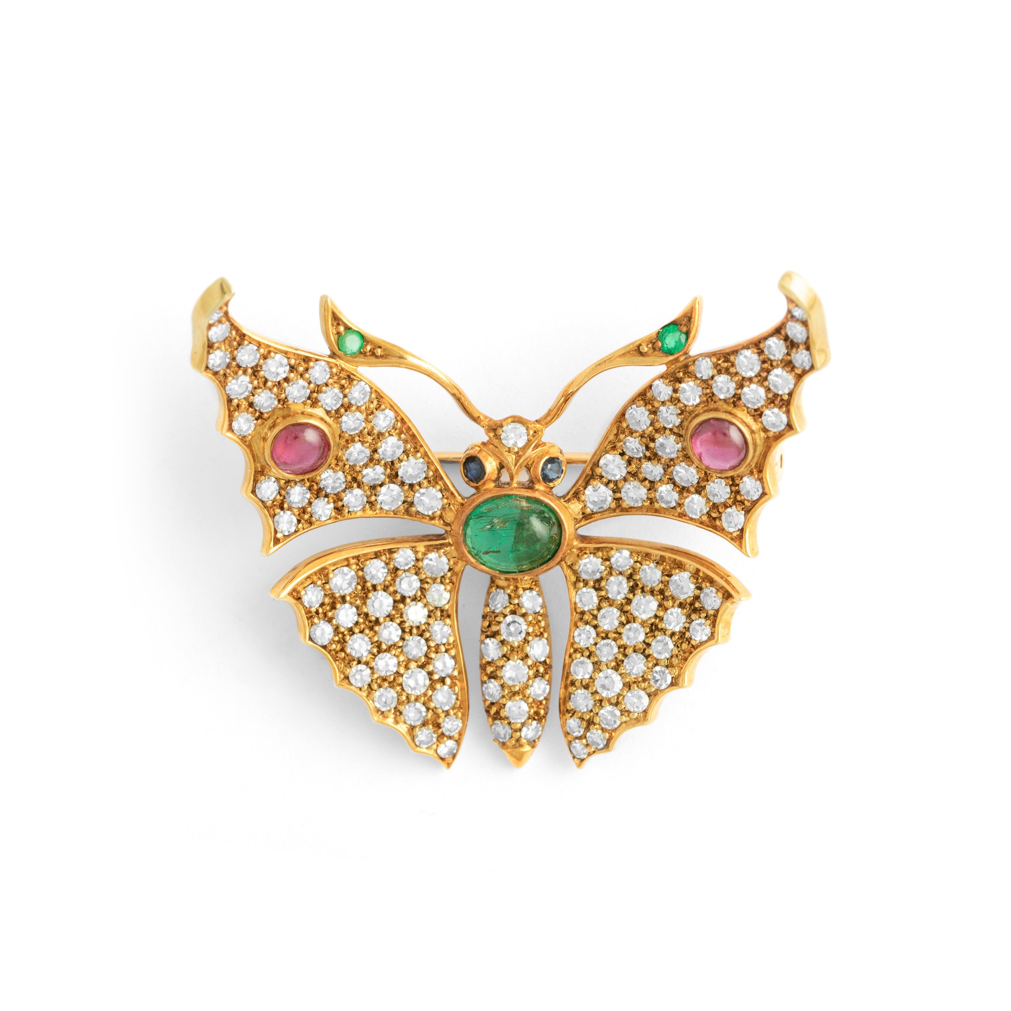 Taille cabochon Broche papillon, saphir, émeraude, rubis et or jaune 18 carats en vente