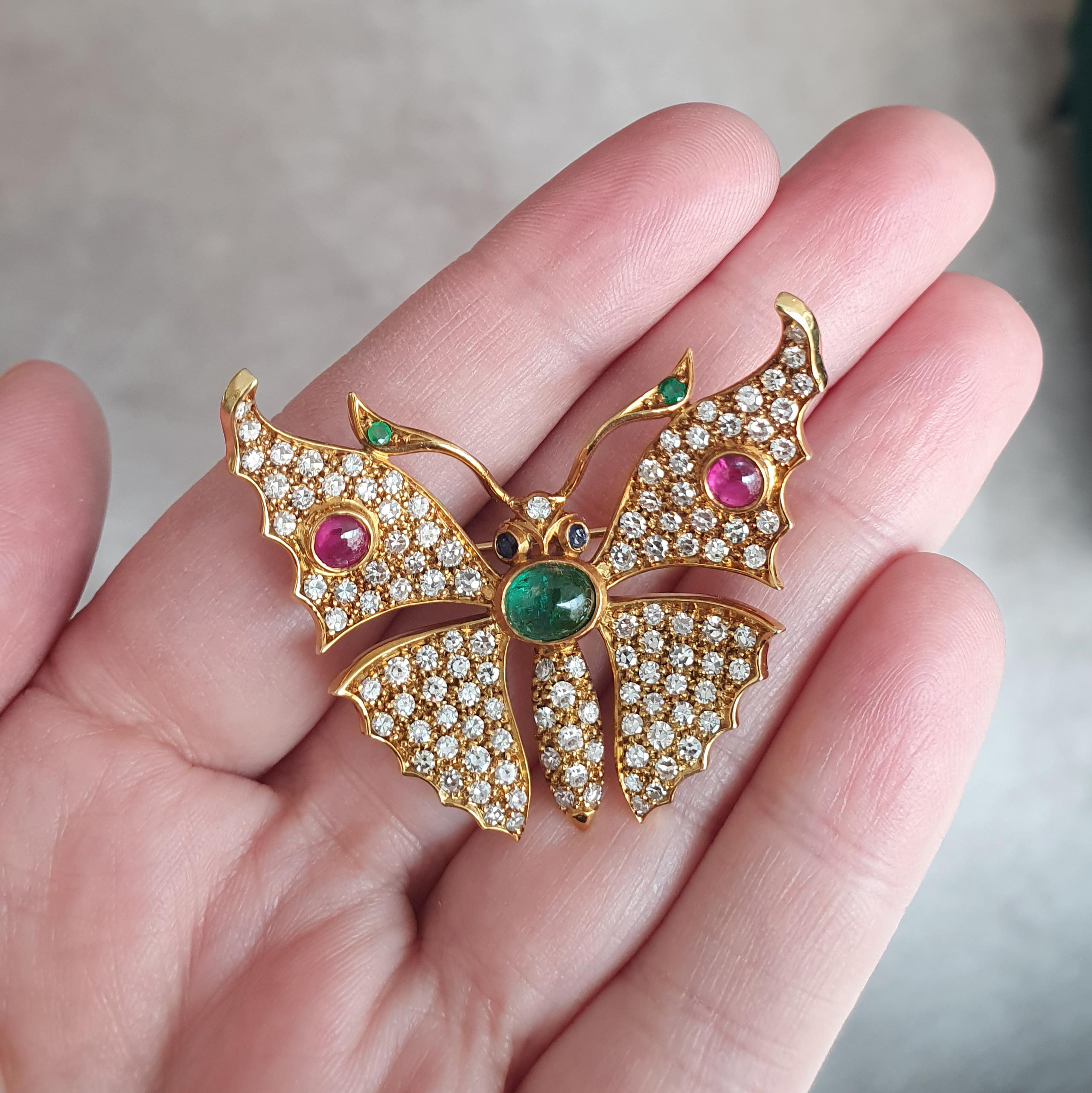 Women's or Men's Butterfly Diamond Sapphire Emerald Ruby Yellow Gold 18k Brooch For Sale