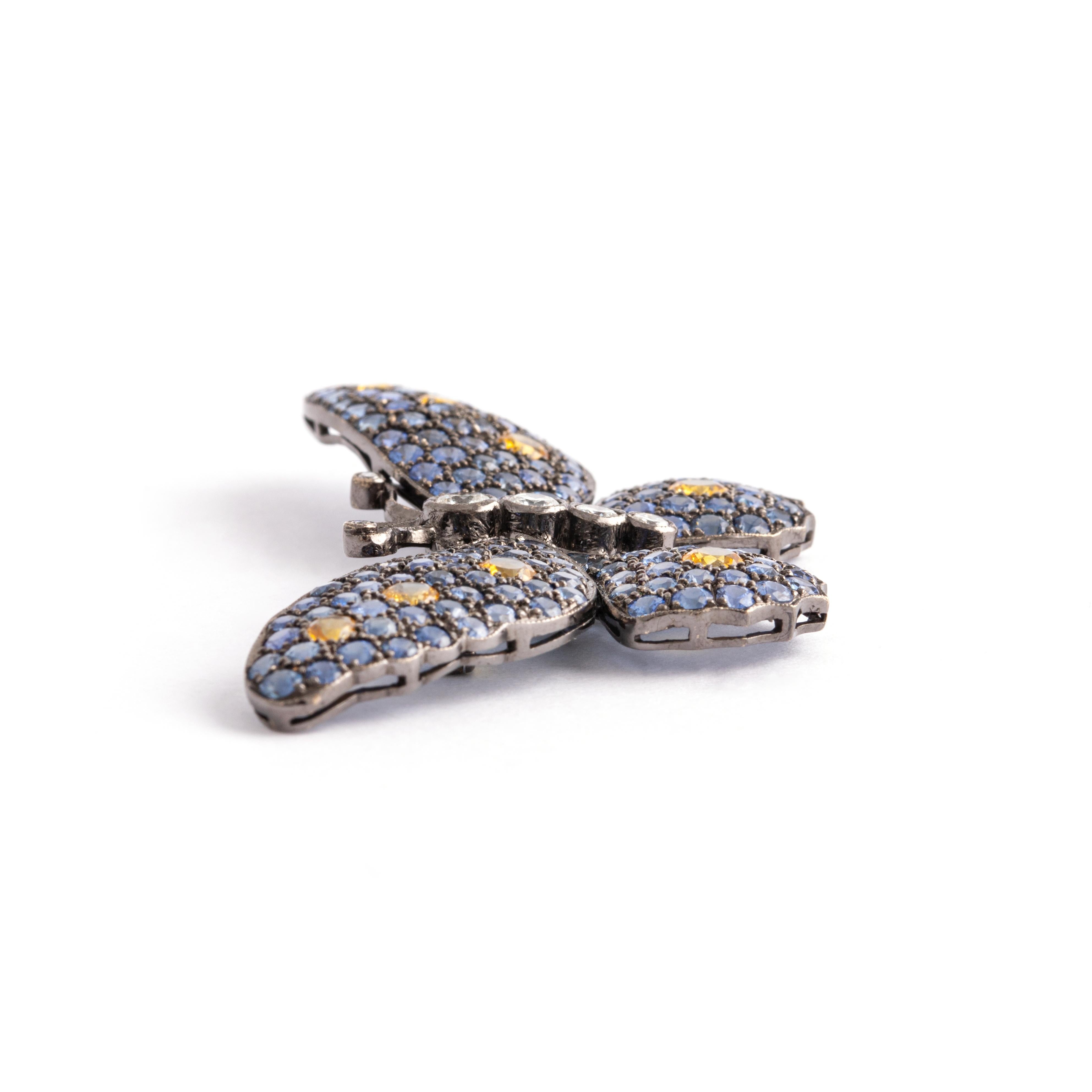 Aesthetic Movement Butterfly Diamond Sapphire Gold 18k Brooch For Sale