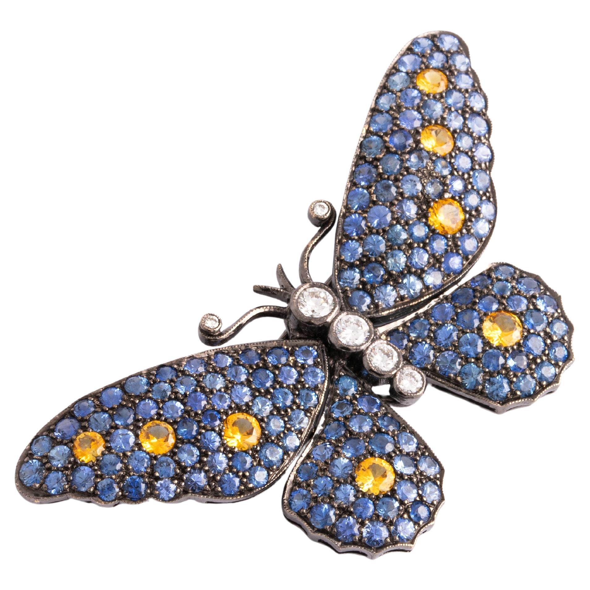 Butterfly Diamond Sapphire Gold 18k Brooch For Sale