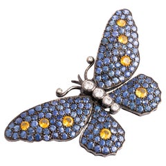Vintage Butterfly Diamond Sapphire Gold 18k Brooch