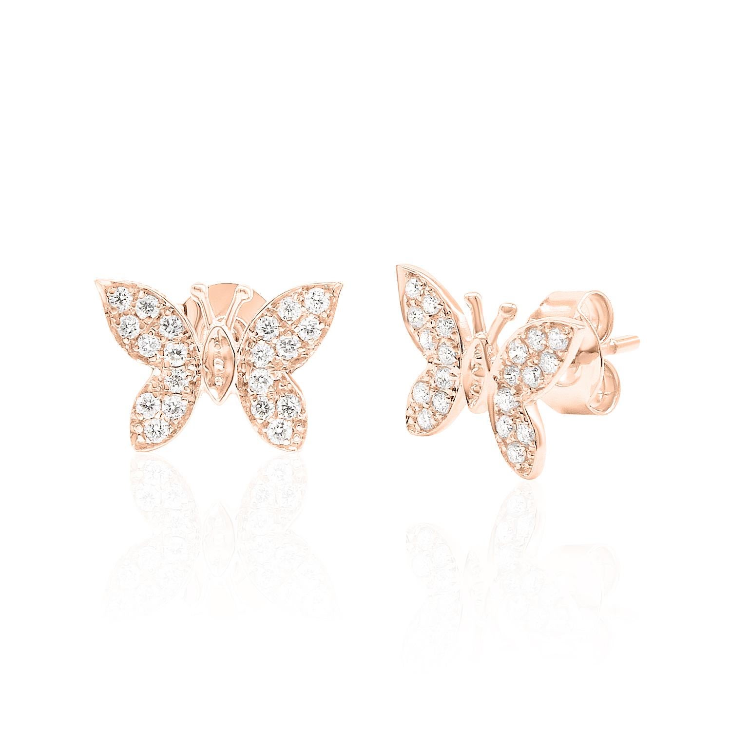 Round Cut Butterfly Diamond Stud Earrings 14K White, Yellow and Rose Gold