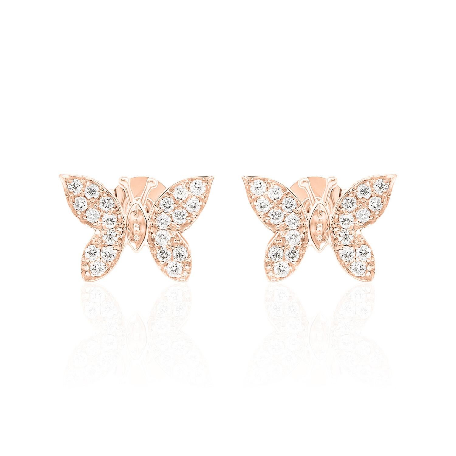 Butterfly Diamond Stud Earrings 14K White, Yellow and Rose Gold In New Condition In New York, NY