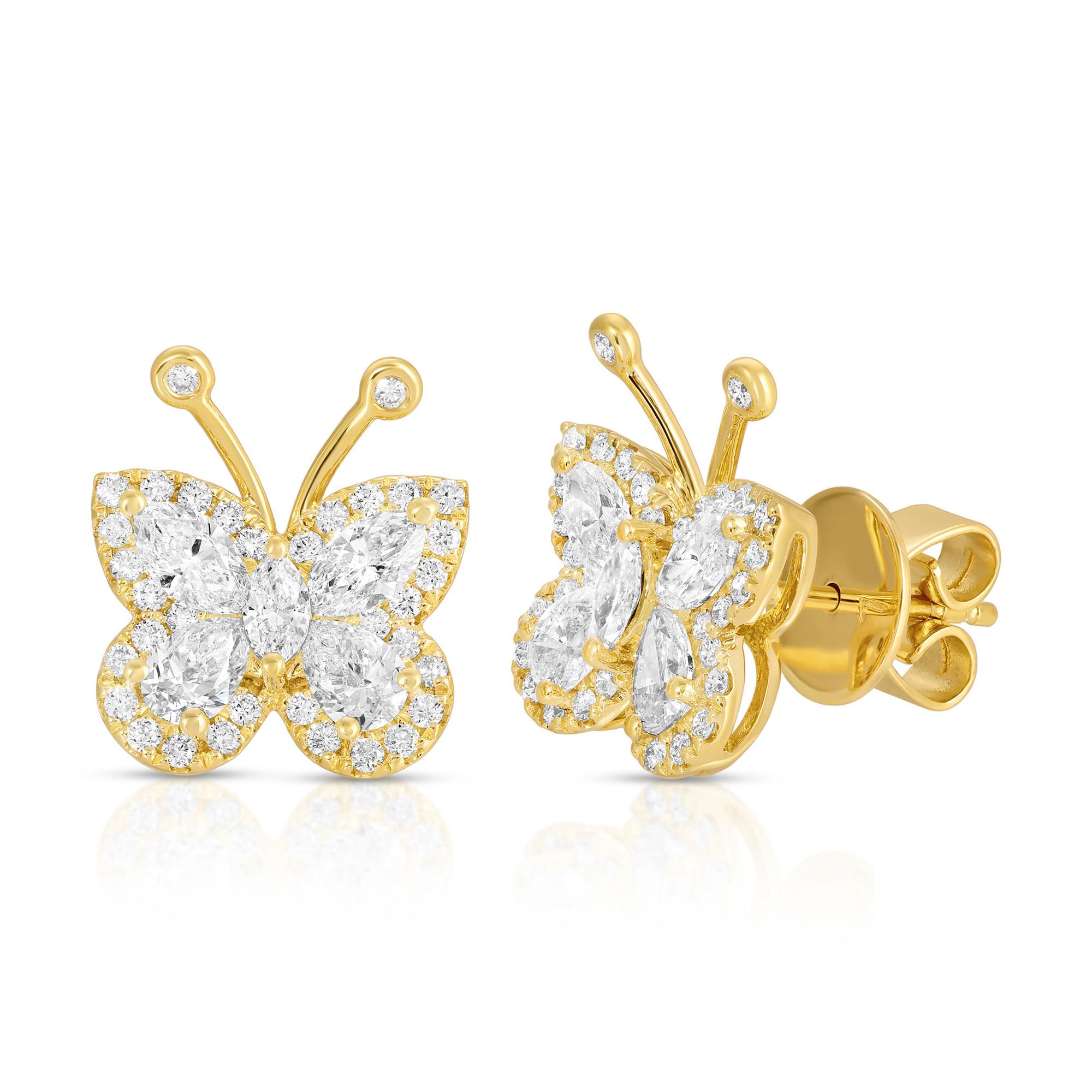 Taille mixte Clous d'oreilles papillon en or jaune 18 carats totalisant 1,61 carat en vente