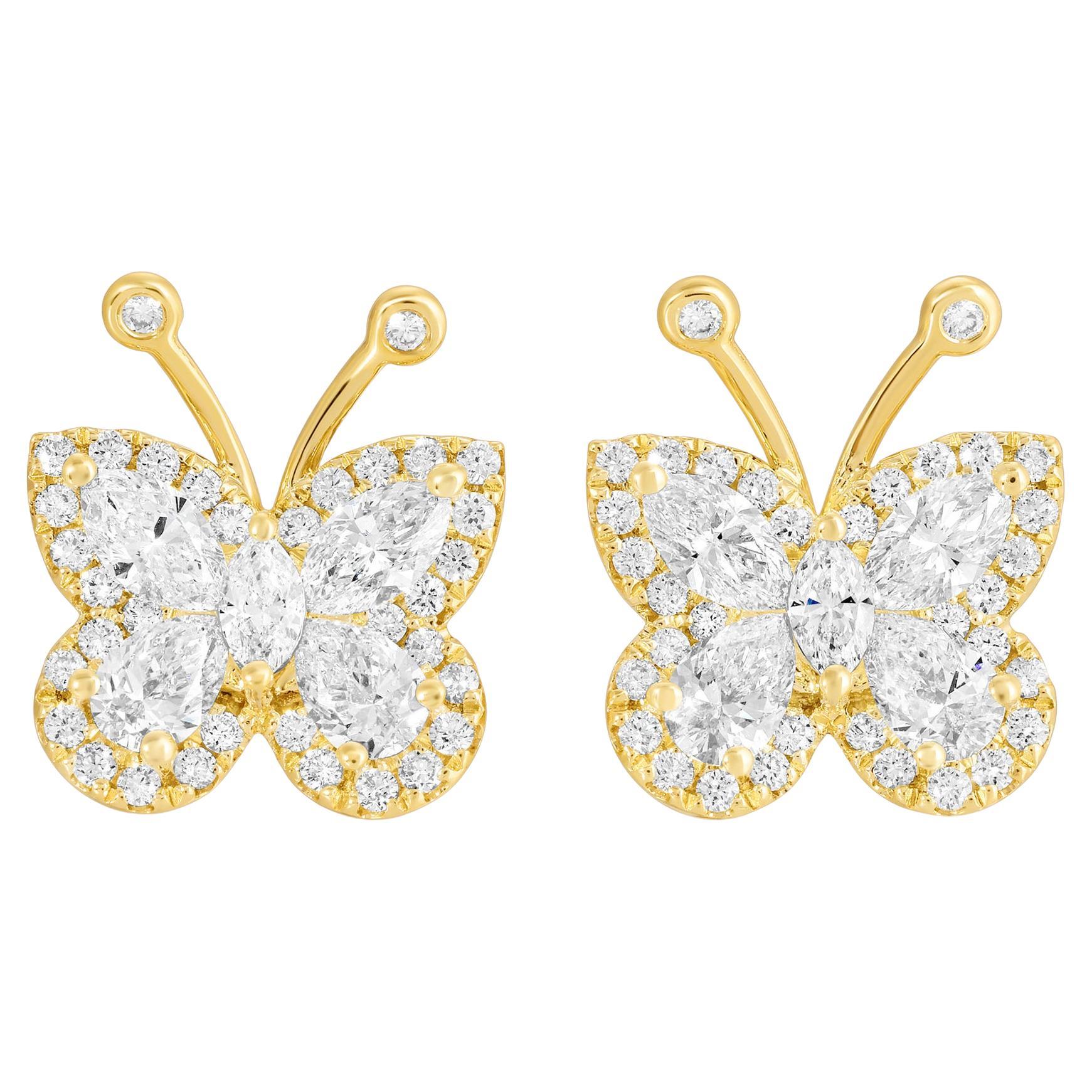Butterfly Diamond Stud Earrings 1.61 Carats Total 18K Yellow Gold