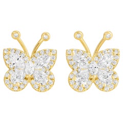 Butterfly Diamond Stud Earrings 1.61 Carats Total 18K Yellow Gold
