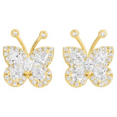 Butterfly Diamond Stud Earrings 1.61 Carats Total 18K Yellow Gold