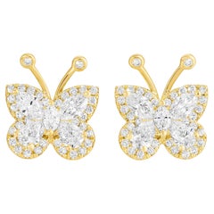 Butterfly Diamond Stud Earrings 1.61 Carats Total 18K Yellow Gold