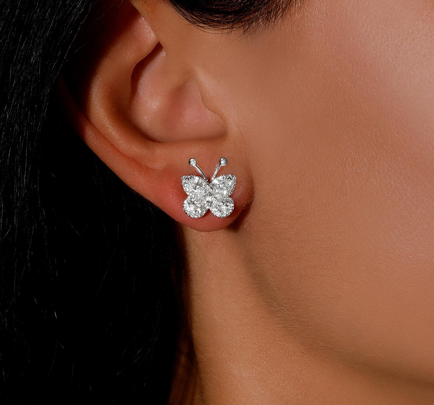 Contemporary Butterfly Diamond Stud Earrings 1.62 Carats Total 18K White Gold For Sale