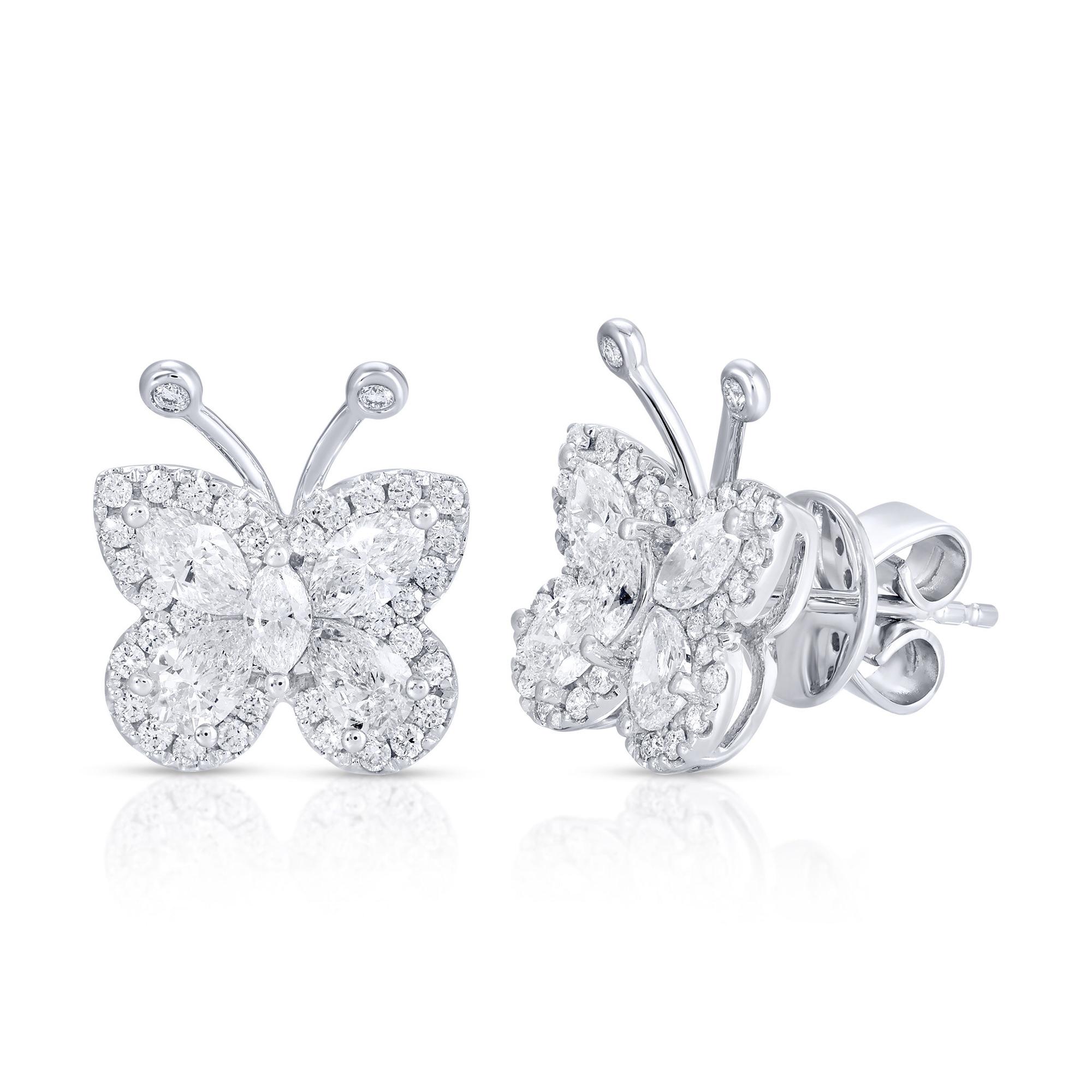 Mixed Cut Butterfly Diamond Stud Earrings 1.62 Carats Total 18K White Gold For Sale