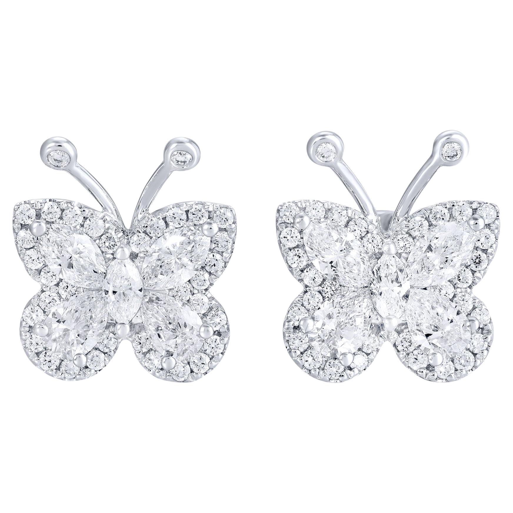 Butterfly Diamond Stud Earrings 1.62 Carats Total 18K White Gold
