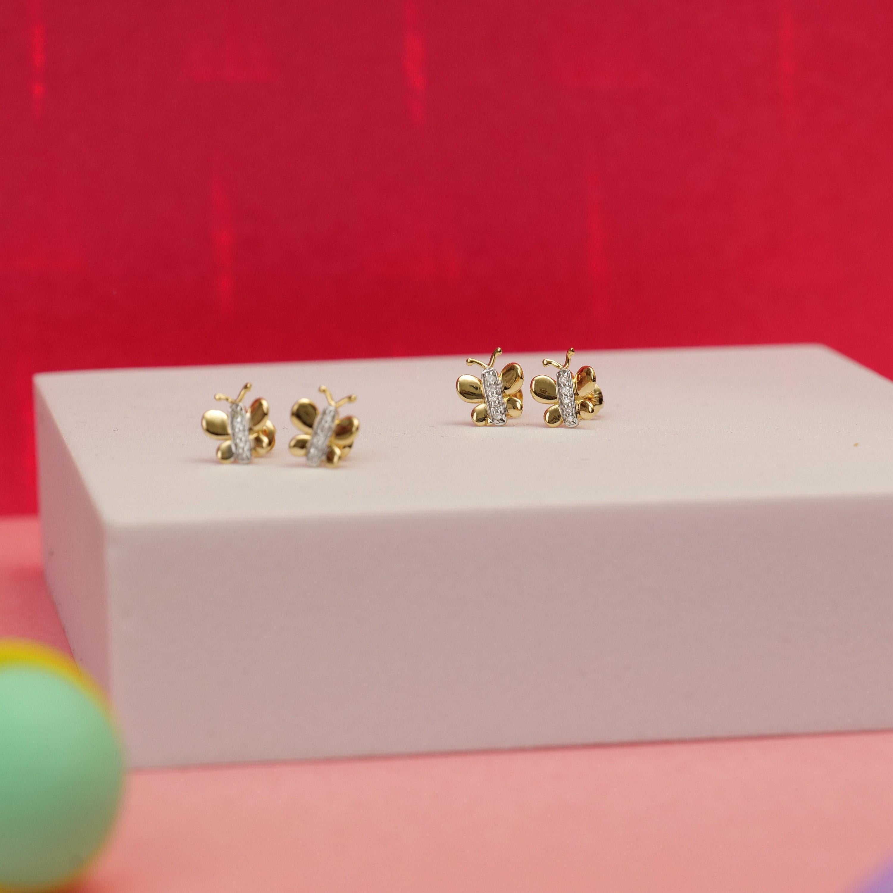 Art Deco Butterfly Diamond Stud Earrings in 14k Solid Gold (Certified) For Sale