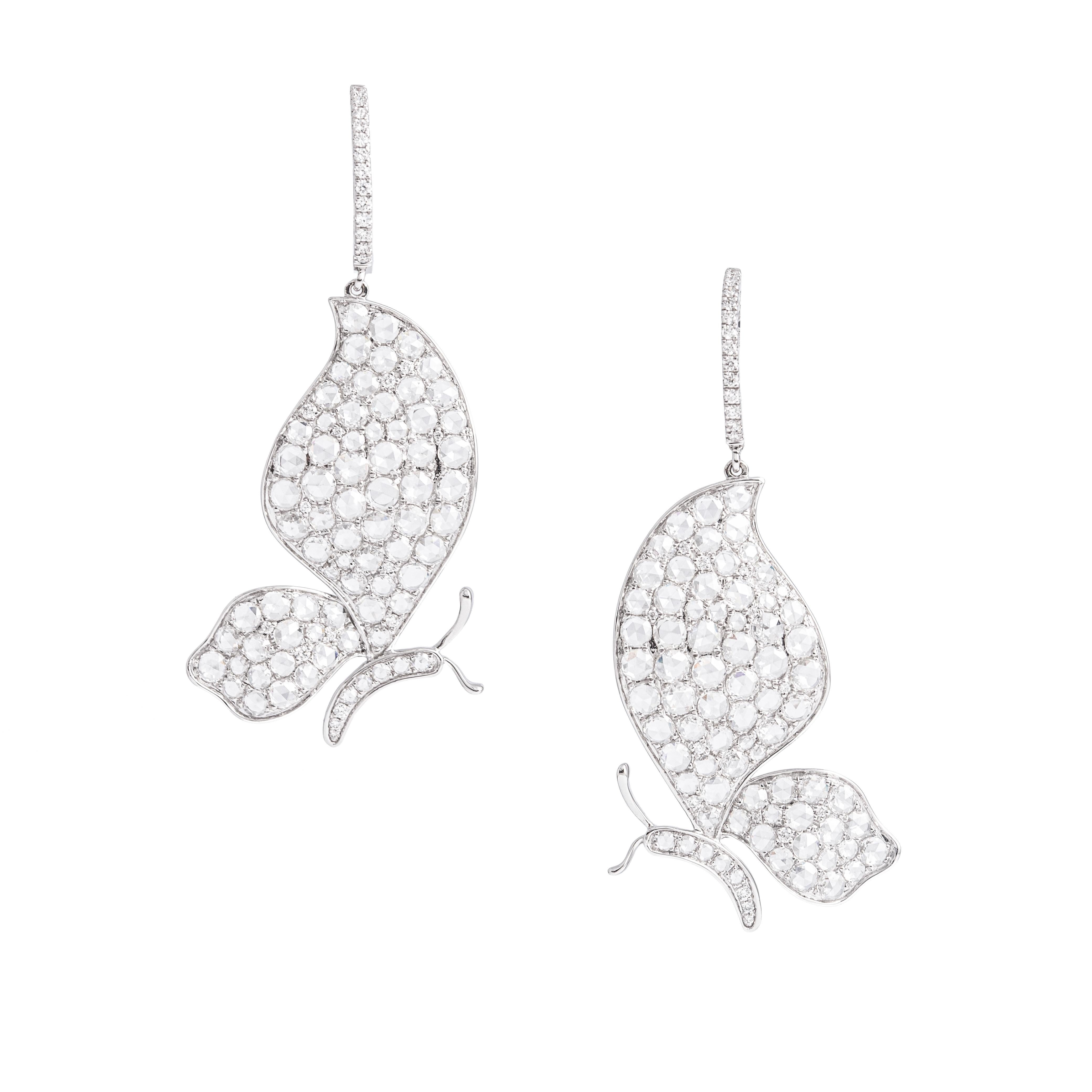 Rose Cut Butterfly Diamond White Gold 18K Earrings For Sale