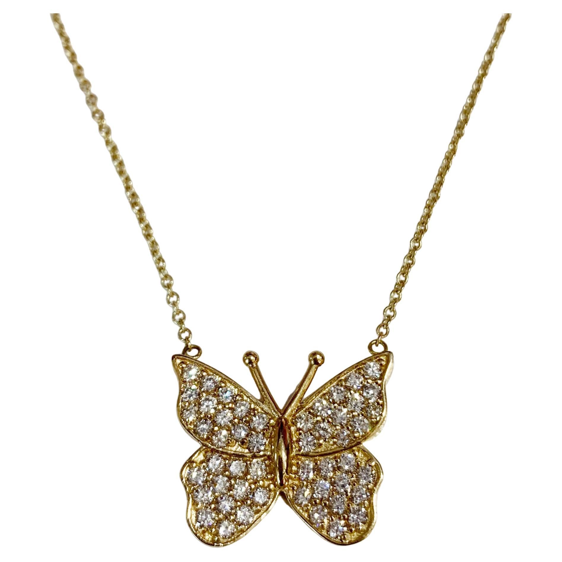 Large Butterfly Diamond Necklace / Yellow Gold For Sale at 1stDibs