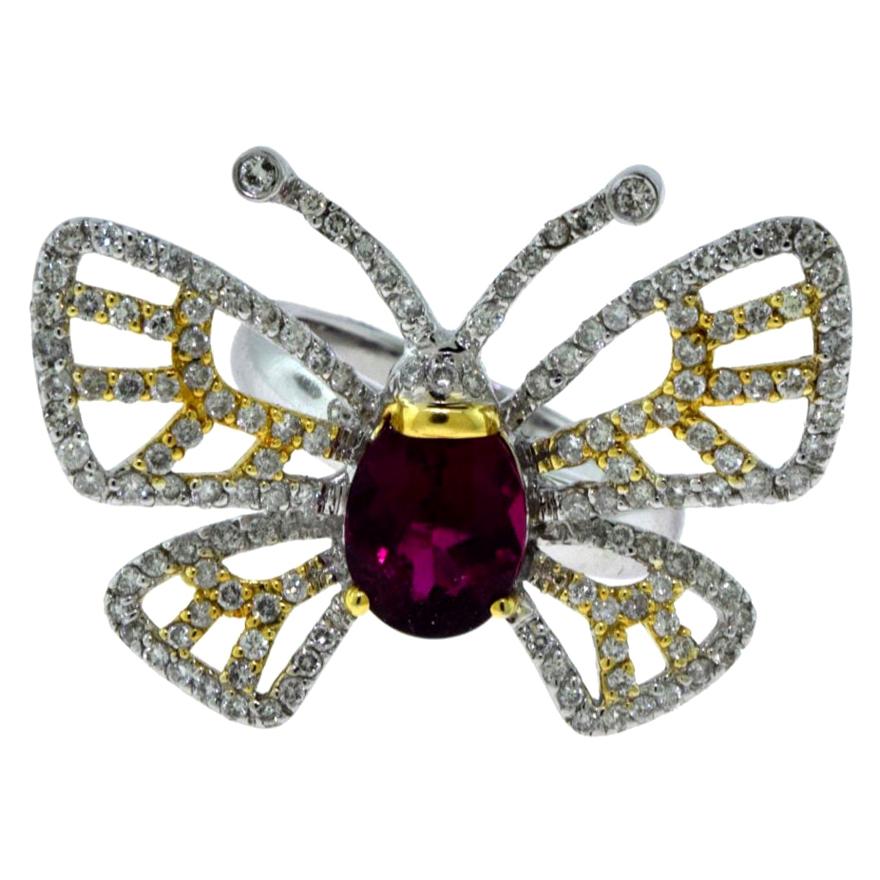 Butterfly Diamond, Yellow, White Gold and Rubellite Ring For Sale
