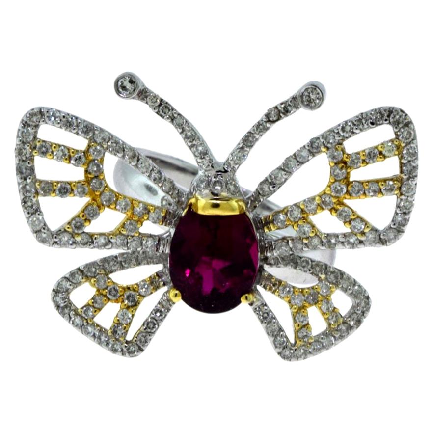 Anillo Mariposa de Diamantes, Oro Amarillo, Blanco y Rubelita