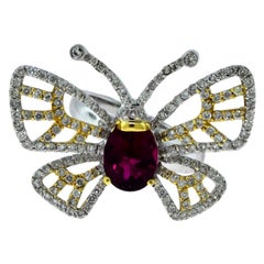 Bague papillon en or jaune, blanc et rubellite avec diamants