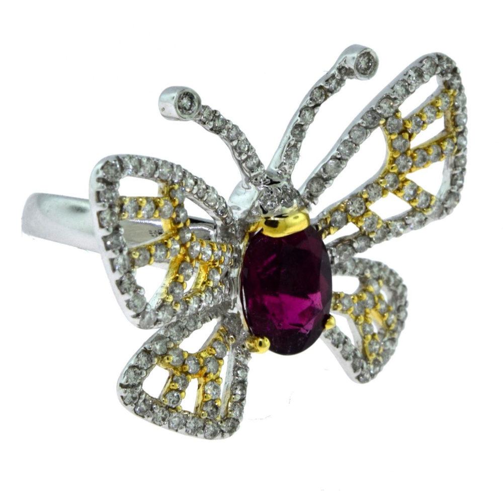 Round Cut Butterfly Diamond, Yellow, White Gold and Rubellite Ring For Sale