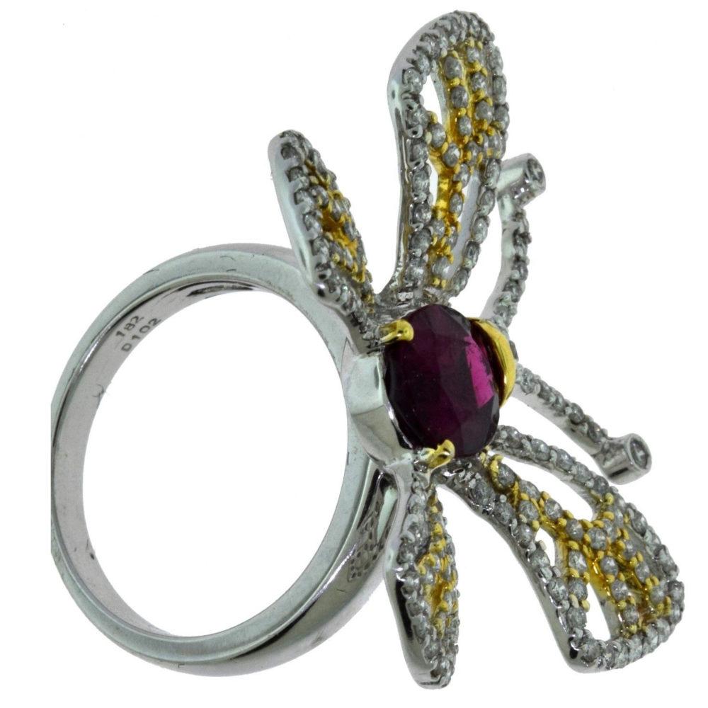 Butterfly Diamond, Yellow, White Gold and Rubellite Ring In Good Condition For Sale In Miami, FL