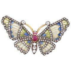 Schmetterlings-Diamant-Brosche mit rubinrotem Emaille, 18-karätiges Gold, Blumenmotiv, Unisex, CIRCA 1940