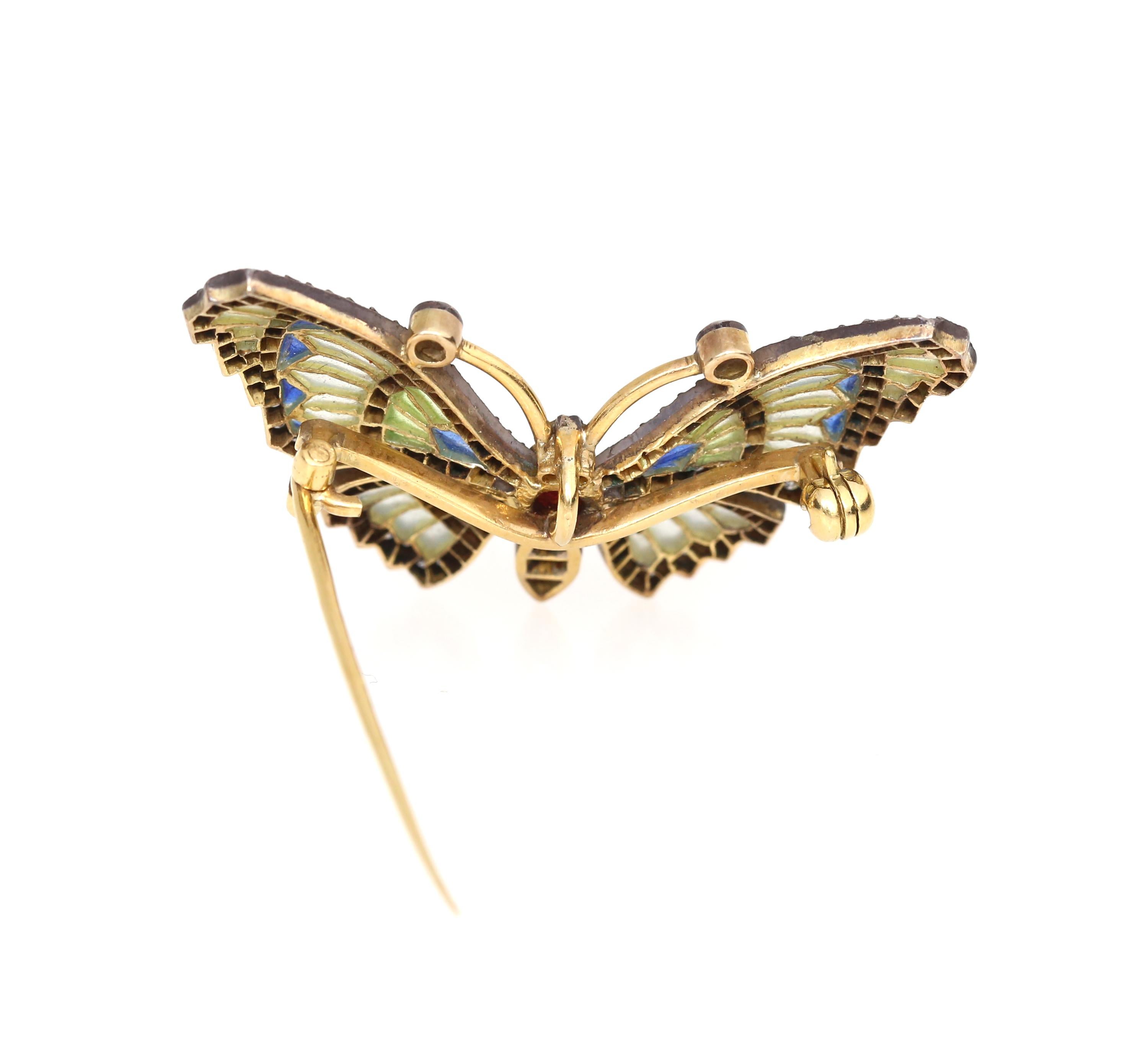 Art Nouveau Butterfly Diamonds Brooch Ruby Color Enamel 18 Karat Gold Floral Unisex, 1940 For Sale