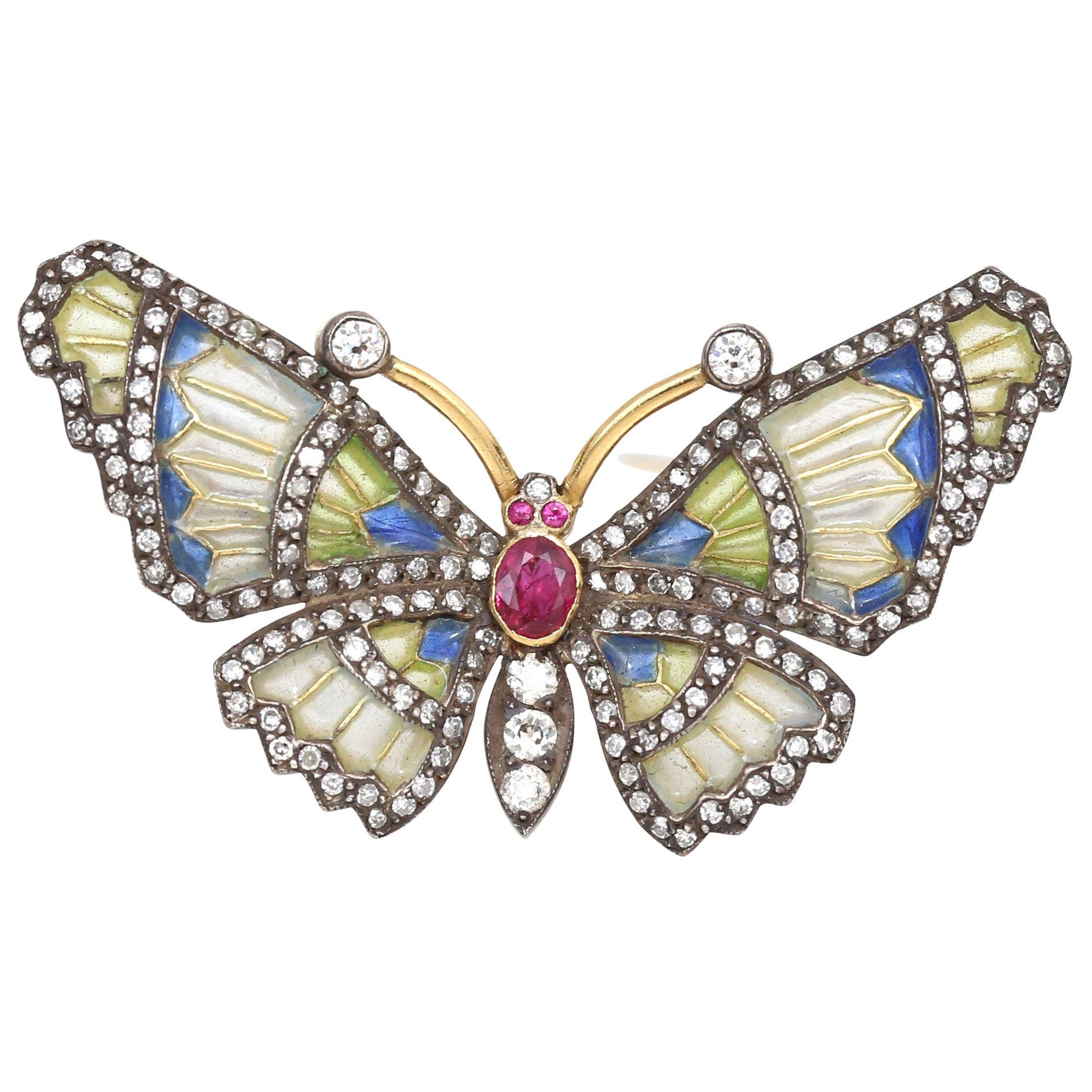 Butterfly Diamonds Brooch Ruby Color Enamel 18 Karat Gold Floral Unisex, 1940 For Sale