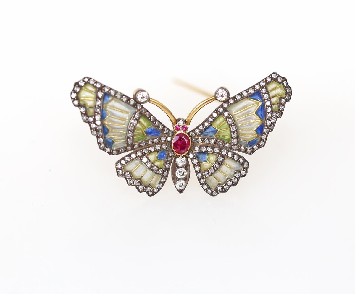 Broche Mariposa Diamantes Color Rubí Esmalte Oro 18 Kilates Floral Unisex, 1940 en venta 2