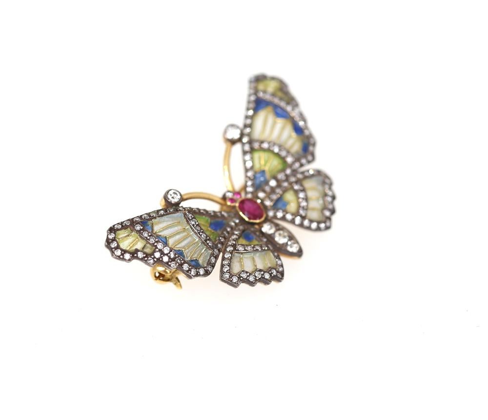 Broche Mariposa Diamantes Color Rubí Esmalte Oro 18 Kilates Floral Unisex, 1940 en venta 3
