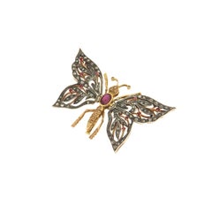 Butterfly Diamonds Rubies 14 Karat Yellow Gold Brooch