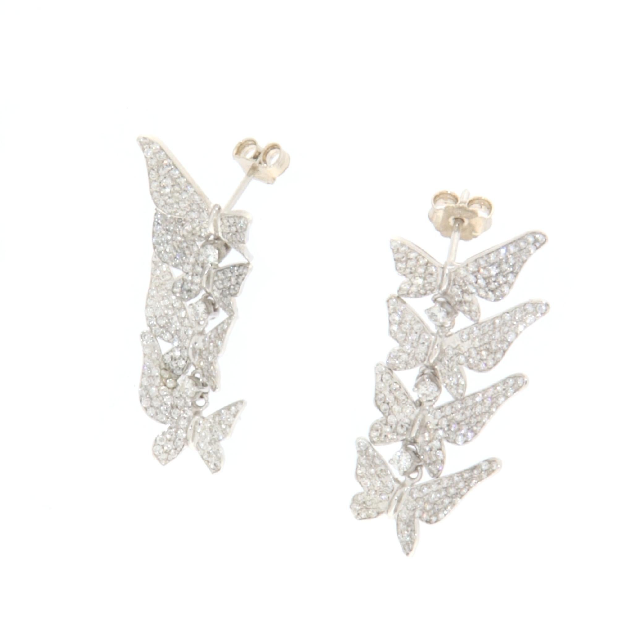 Brilliant Cut Butterfly Diamonds White Gold 18 Karat Drop Earring For Sale