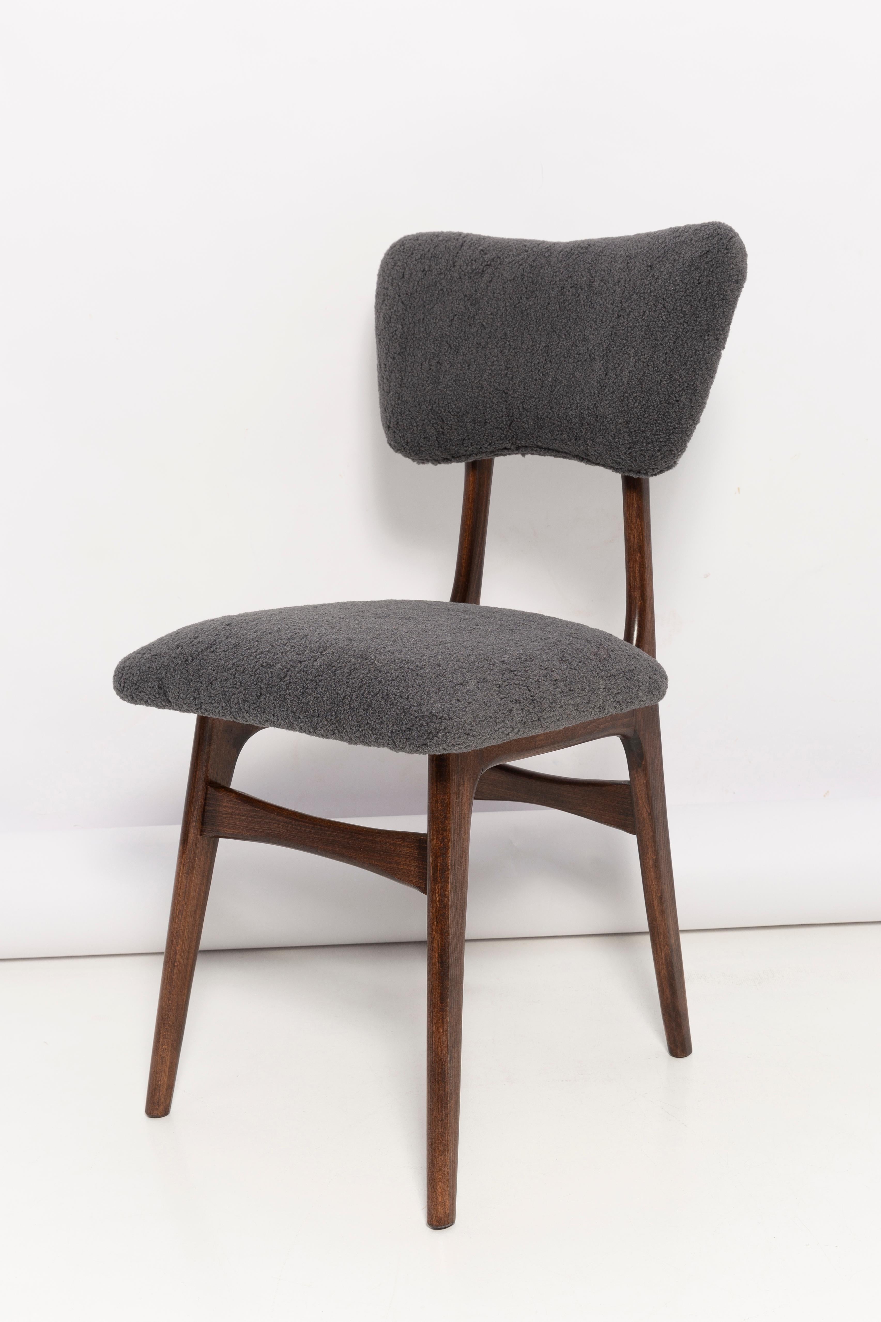 Polish Butterfly Dining Chair, Gray Boucle, Dark Wood, by Vintola Studio, Poland, Europe For Sale
