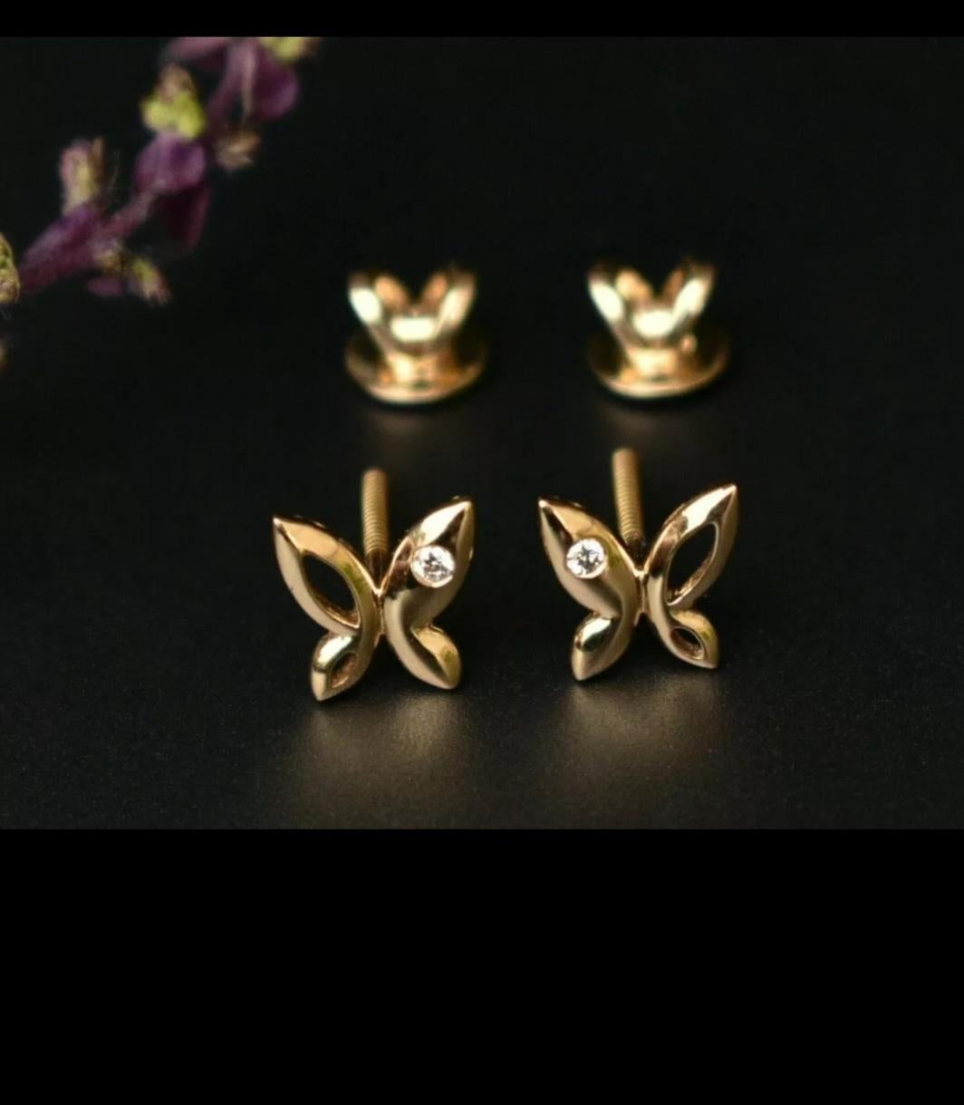 Art Deco Butterfly Earrings 14k Gold Natural Diamond Butterfly Ear Stud Dainty Jewelry. For Sale